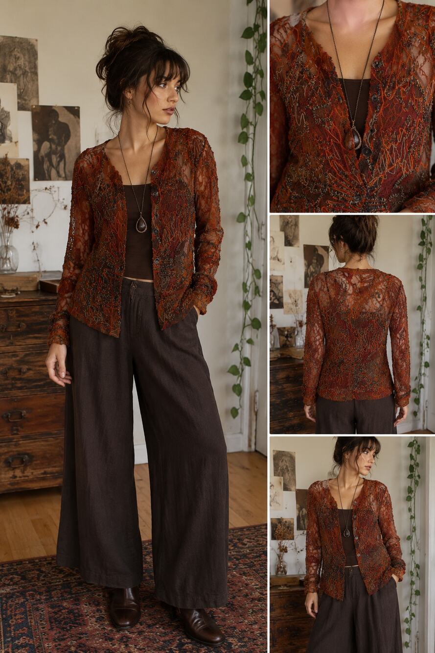 Vintage Burnt Orange Sheer Lace Mesh Jacket Top Wearable Art Textured Boho Small